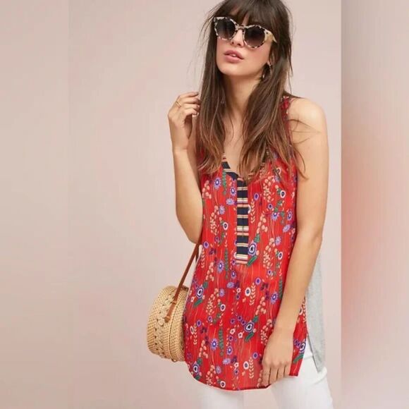 ANTHROPOLOGIE Tiny Zuma Red Floral Print Gray Sleeveless Boho Tank Top Small - Picture 1 of 8